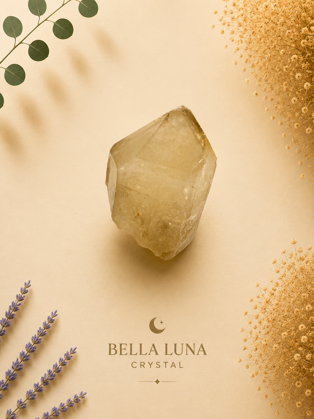 A faceted pale yellow crystal centered on a warm beige background, with decorative botanical elements around the edges and the text 'BELLA LUNA CRYSTAL' near the bottom. The crystal appears to be the product, photographed as a styled flat-lay.