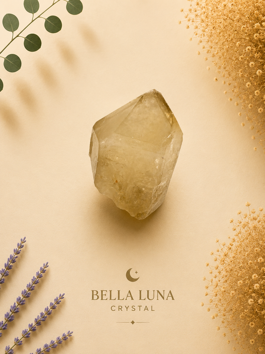 A faceted pale yellow crystal centered on a warm beige background, with decorative botanical elements around the edges and the text 'BELLA LUNA CRYSTAL' near the bottom. The crystal appears to be the product, photographed as a styled flat-lay.