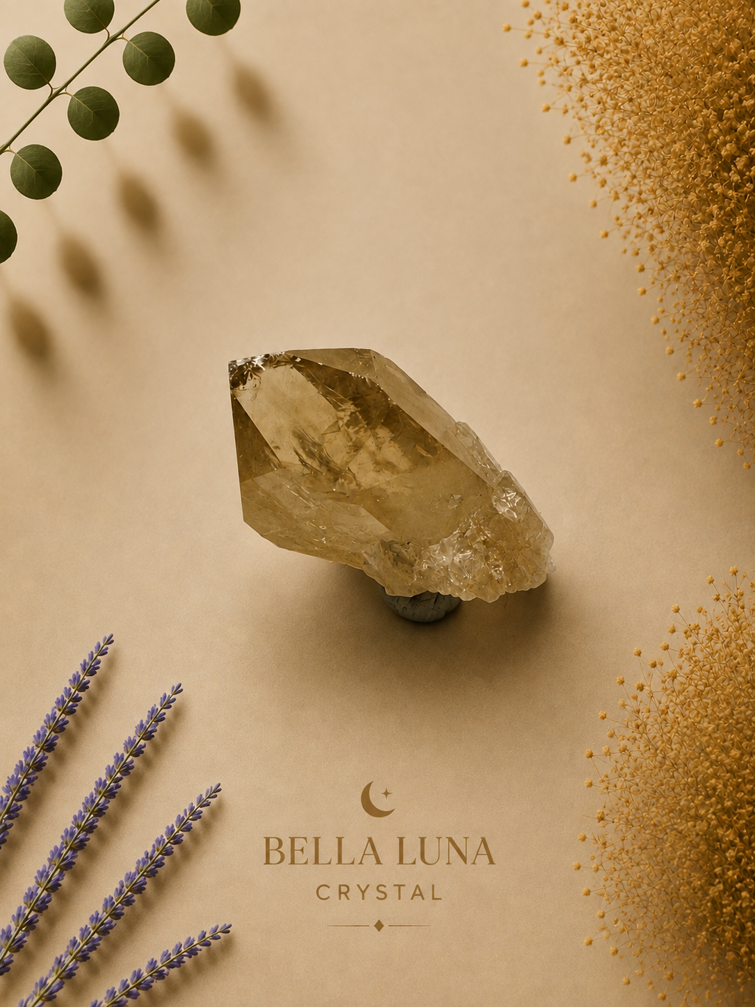 A raw semi-translucent yellow crystal cluster displayed on a neutral beige background with decorative botanical elements and gold glitter. The brand name 'BELLA LUNA CRYSTAL' is printed at the bottom.