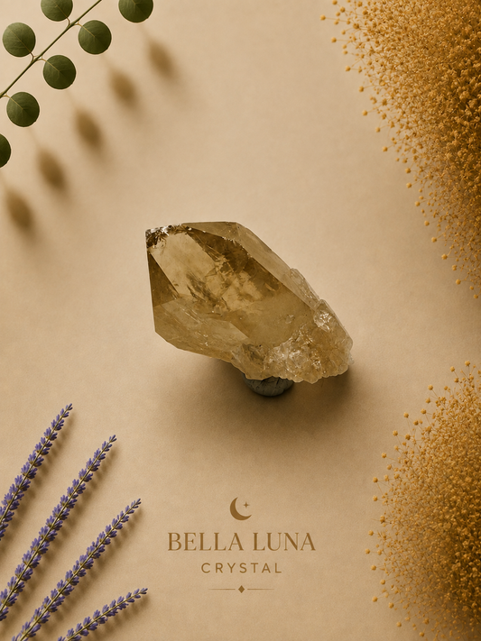 A raw semi-translucent yellow crystal cluster displayed on a neutral beige background with decorative botanical elements and gold glitter. The brand name 'BELLA LUNA CRYSTAL' is printed at the bottom.
