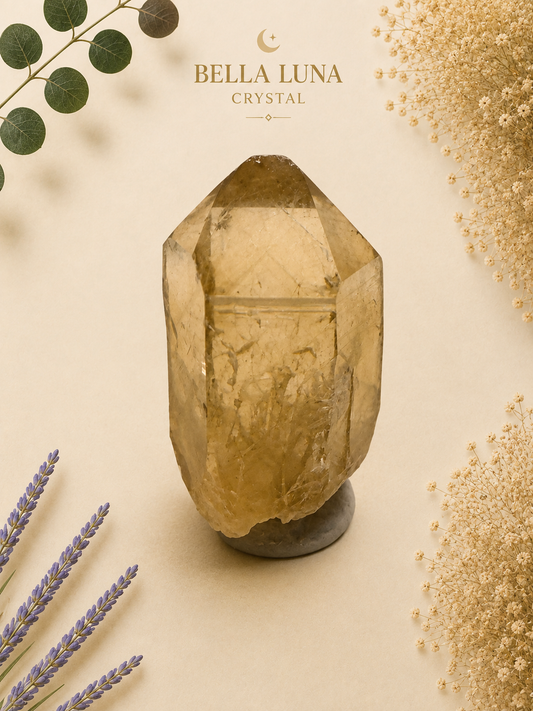 A large natural citrine quartz crystal point on a dark stone base, styled on a beige background with dried lavender, eucalyptus leaves, and gold-toned decorative elements. The text 'BELLA LUNA CRYSTAL' is printed at the top.