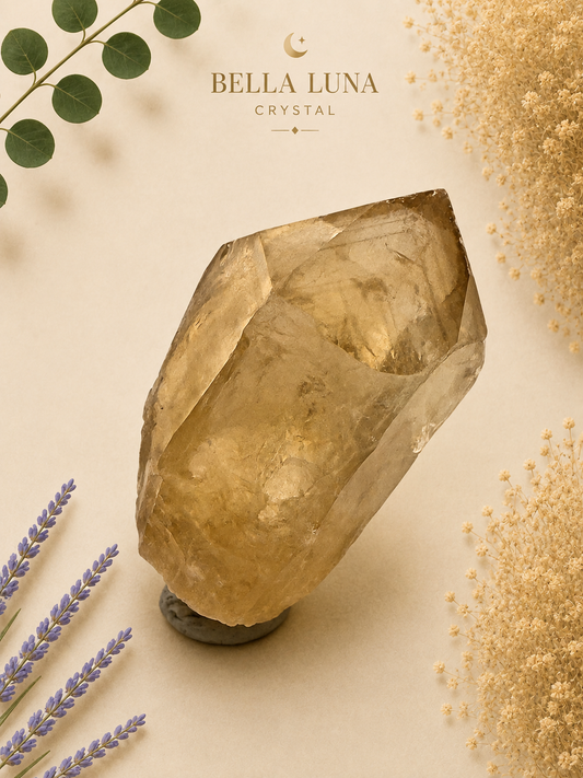 A large natural crystal cluster with a warm golden-brown translucent tone, displayed on a small dark stand against a soft beige background. The crystal is styled with dried botanicals and green leaves, with the text 'BELLA LUNA CRYSTAL' printed at the top.