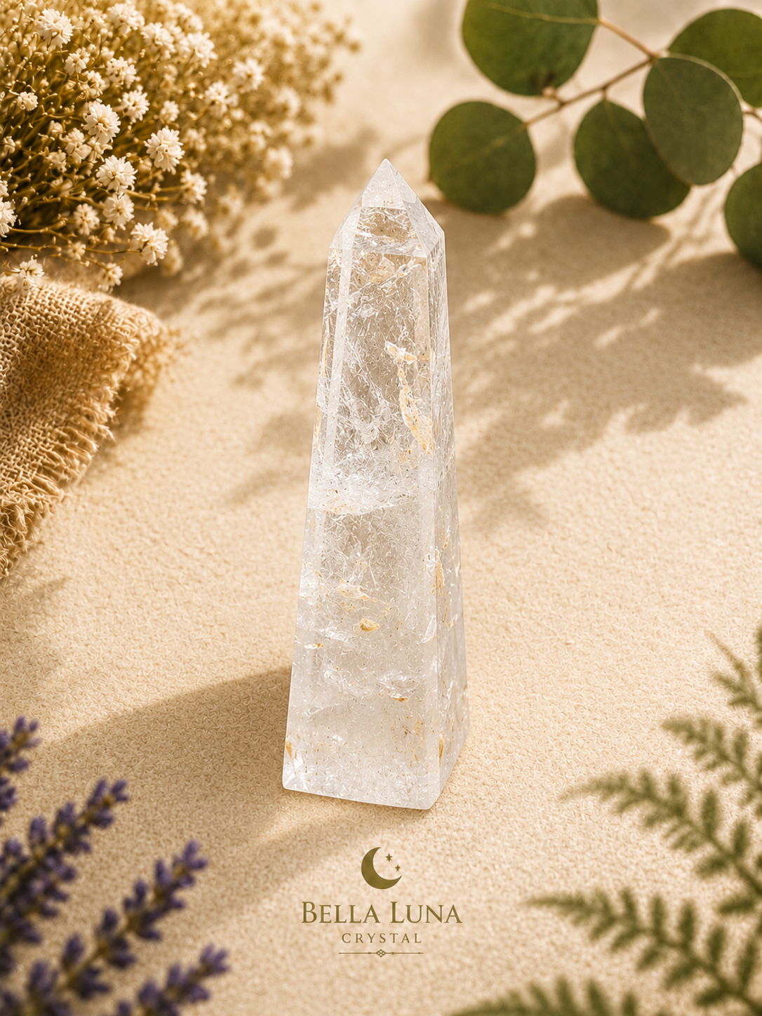 A clear pointed crystal tower stands on a beige textured surface with dried flowers, green leaves, and soft shadows. The Bella Luna Crystal logo appears at the bottom.