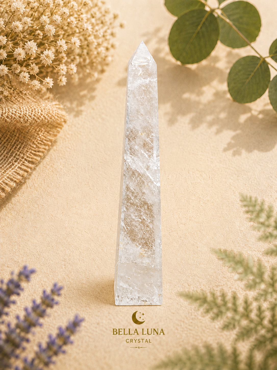 A clear quartz crystal obelisk with natural inclusions, displayed on a textured beige surface with decorative dried flowers, green leaves, and lavender sprigs. The brand logo 'BELLA LUNA CRYSTAL' is visible at the bottom of the image.
