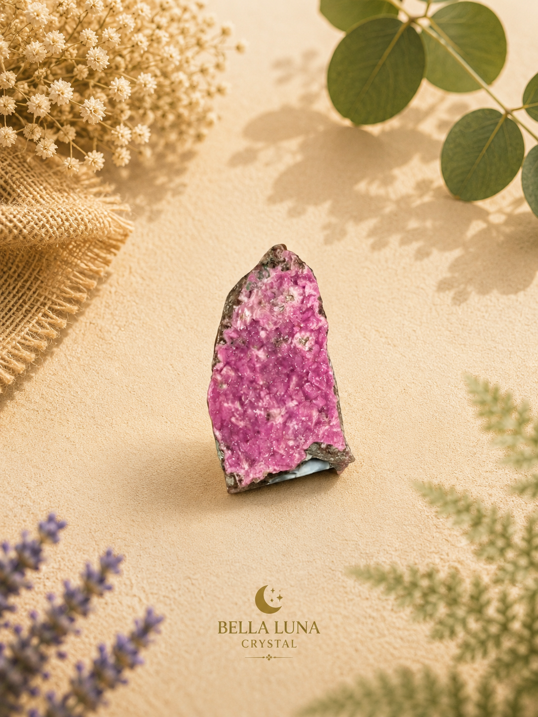 A raw pink crystal cluster with a rough, natural shape stands upright on a beige textured surface. The crystal is styled with dried flowers, green leaves, and burlap in the background, with the 'BELLA LUNA CRYSTAL' logo printed at the bottom.