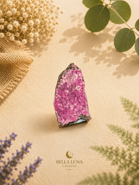 A raw pink crystal cluster with a rough, natural shape stands upright on a beige textured surface. The crystal is styled with dried flowers, green leaves, and burlap in the background, with the 'BELLA LUNA CRYSTAL' logo printed at the bottom.