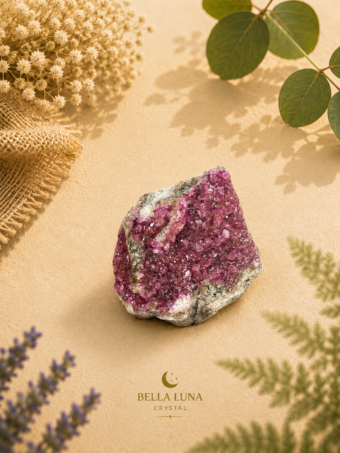 A raw crystal cluster with a vibrant magenta-purple crystalline interior and a rough gray outer matrix, displayed on a textured beige surface with decorative dried flowers, green leaves, and burlap. The brand logo 'BELLA LUNA CRYSTAL' is visible at the bottom.