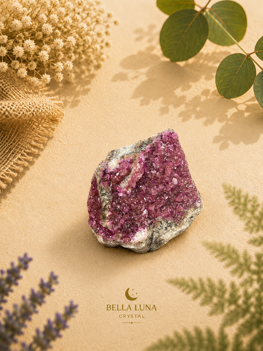 A raw crystal cluster with a vibrant magenta-purple crystalline interior and a rough gray outer matrix, displayed on a textured beige surface with decorative dried flowers, green leaves, and burlap. The brand logo 'BELLA LUNA CRYSTAL' is visible at the bottom.