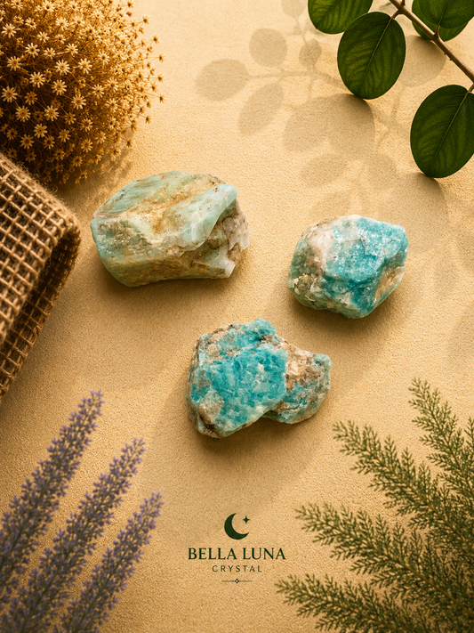 Three raw turquoise-blue crystals arranged on a beige textured surface with dried botanicals, green leaves, and a burlap roll. The Bella Luna Crystal logo appears at the bottom.