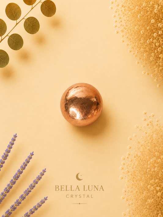 A metallic rose gold crystal sphere centered on a warm beige background, styled with dried lavender sprigs, a gold eucalyptus branch, and textured gold grains. The brand name 'BELLA LUNA CRYSTAL' is printed at the bottom.