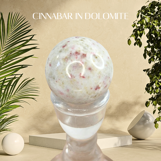 Crystal ball labeled 'Cinnabar in Dolomite' on a stand with plants and geometric shapes.