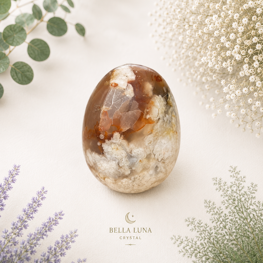A polished oval crystal stone with natural brown, amber, white, and gray inclusions, displayed on a light cream surface with decorative green and white flowers. The brand name Bella Luna Crystal is printed at the bottom.