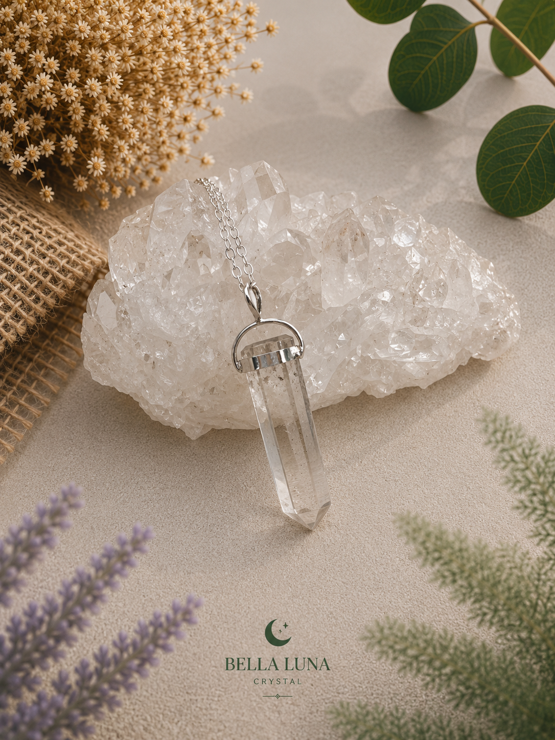 A clear crystal point pendant necklace with a silver bail and chain, displayed on a white crystal cluster. The necklace is styled in a boho setting with dried flowers, green leaves, and lavender sprigs on a beige textured surface, with the Bella Luna Crystal brand logo at the bottom.