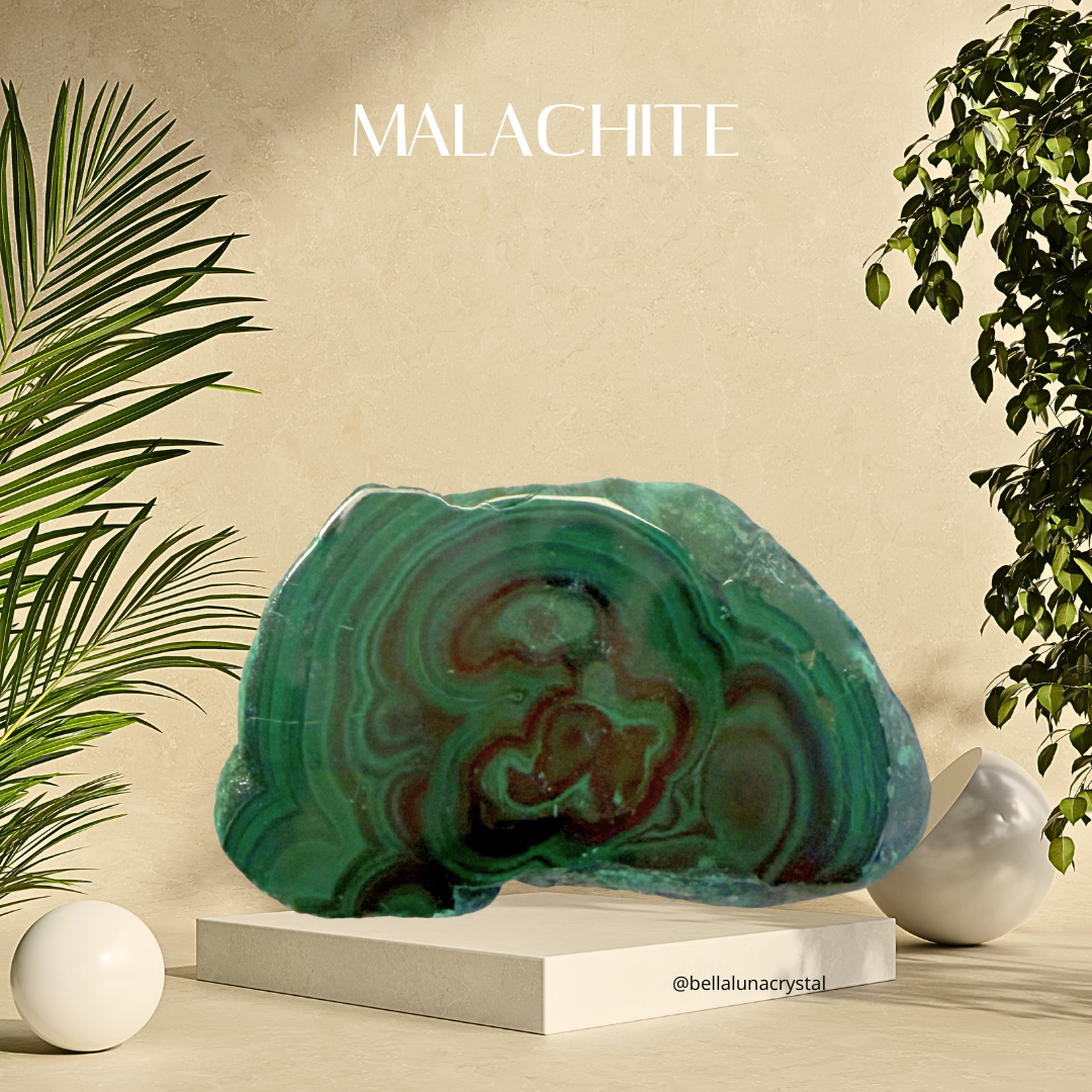 Malachite stone on a stand with plants on a beige background
