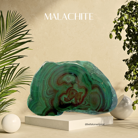 Malachite stone on a stand with plants on a beige background