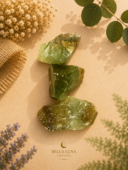 Three raw polished green crystals arranged vertically on a beige textured surface with dried flowers, burlap, and green leaves around them. The Bella Luna Crystal brand logo is printed at the bottom.