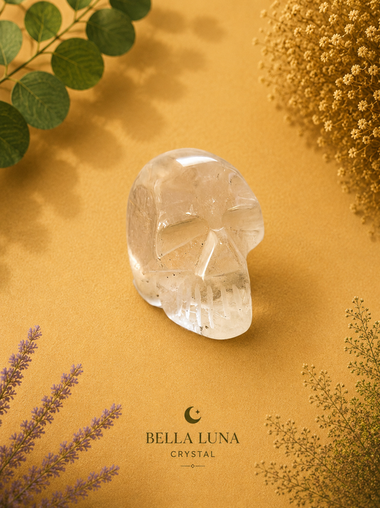 A clear crystal skull sculpture displayed on a warm gold background with decorative dried flowers and green leaves. The brand name 'BELLA LUNA CRYSTAL' is printed at the bottom.