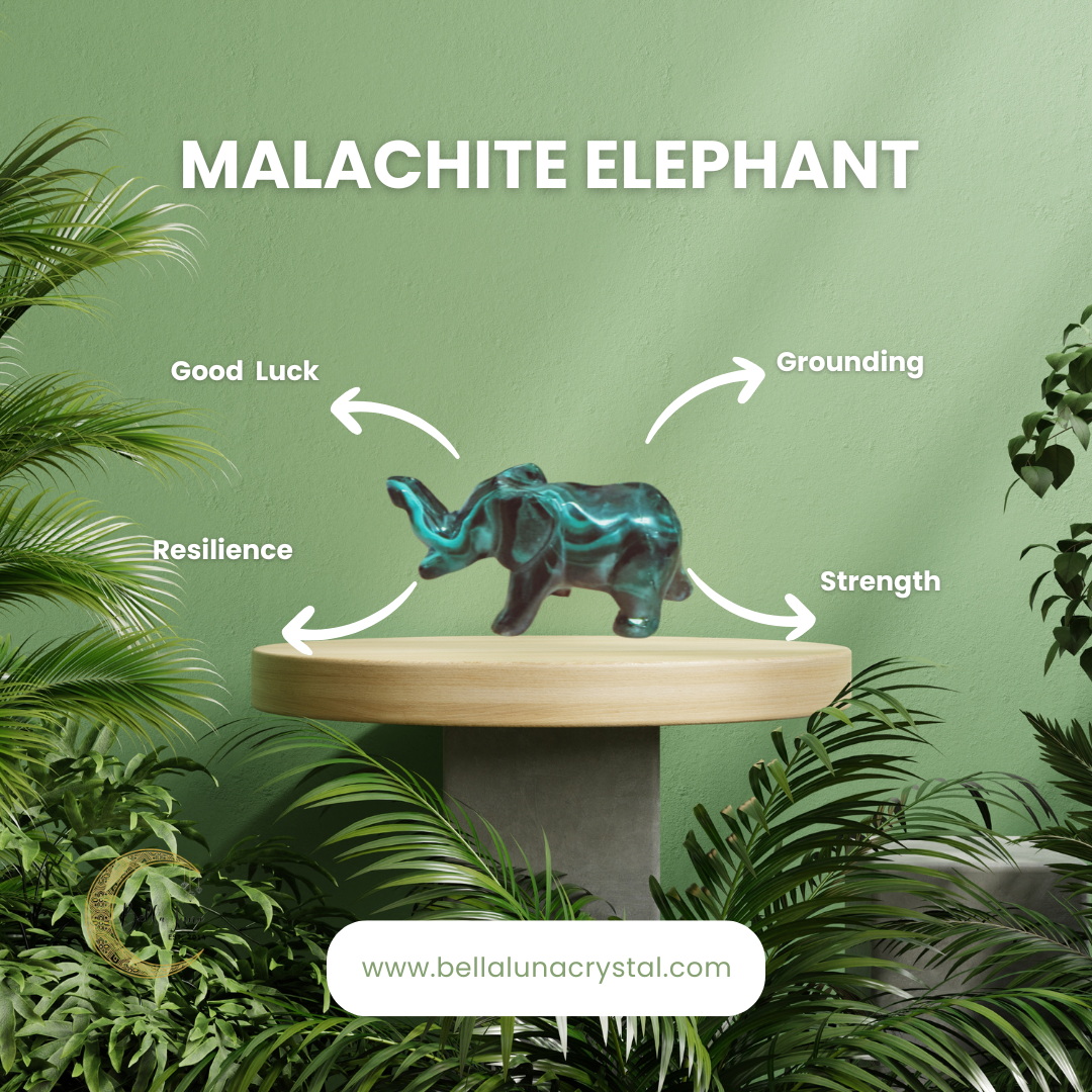 A carved malachite crystal in the shape of an elephant, placed on a round wooden stand, with a green plant backdrop and a label indicating 'MALACHITE ELEPHANT' with arrows pointing to the elephant, symbolizing the elements of good luck, grounding, resilience, and strength.