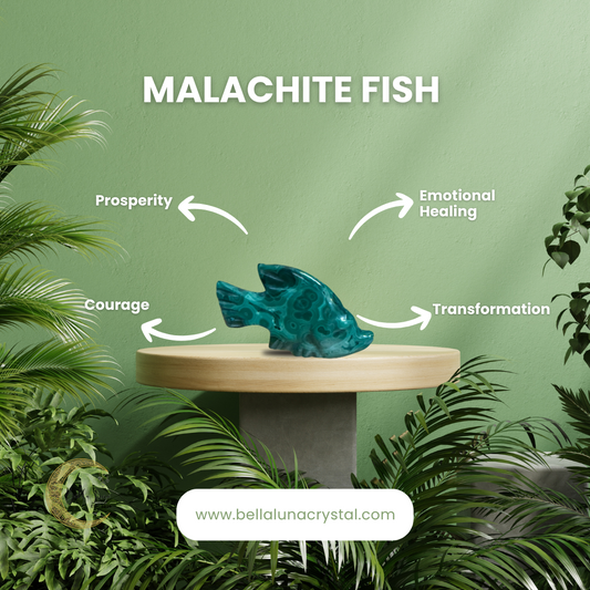 A carved malachite crystal in the shape of a fish displayed on a round platform, with a green body and translucent details, set against a tropical-themed backdrop with plants.