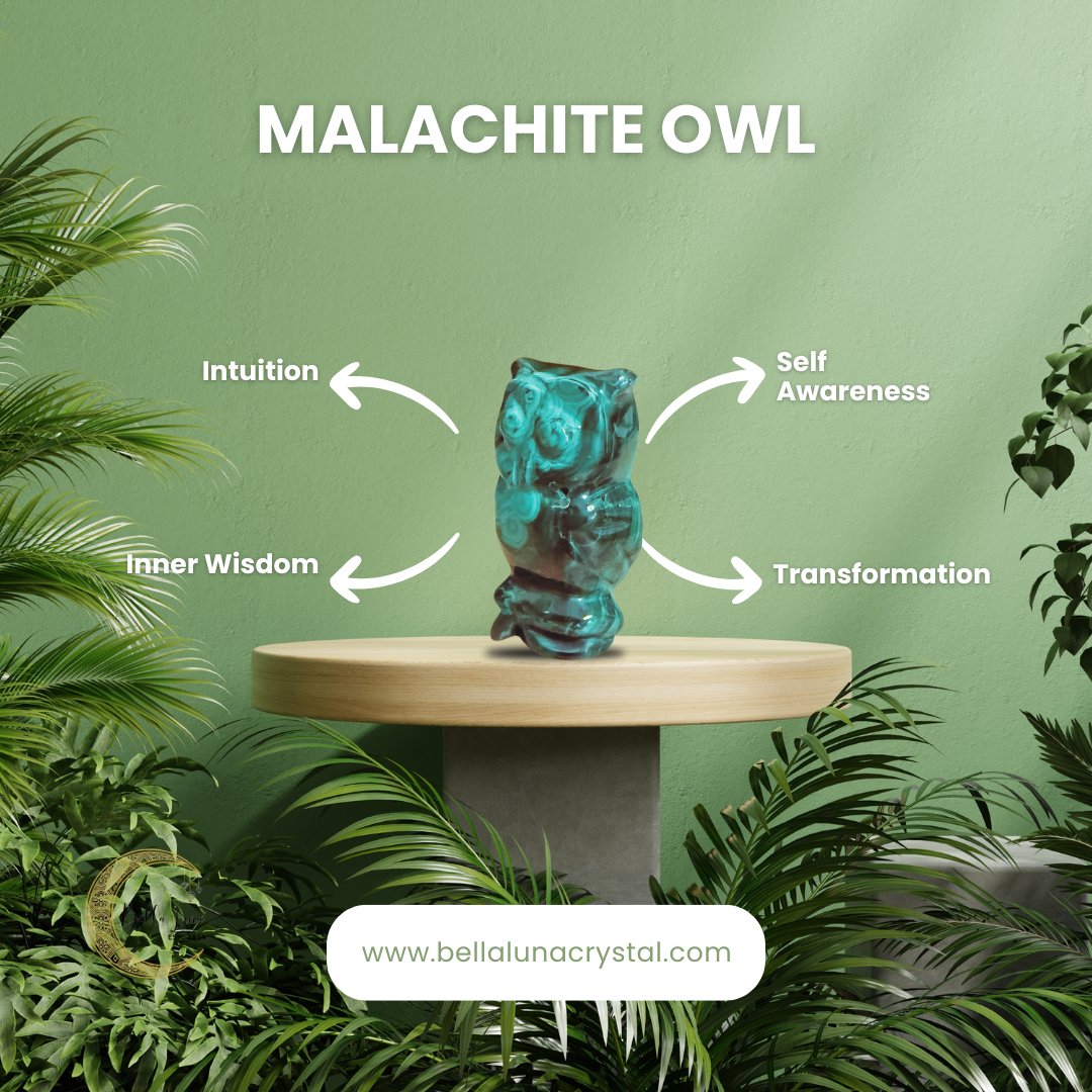 A carved malachite owl sculpture placed on a round wooden stand, with green foliage in the background and the text 'MALACHITE OWL' along with concepts like INTUITION, SELF-AWARENESS, INNER WISDOM, and TRANSFORMATION.