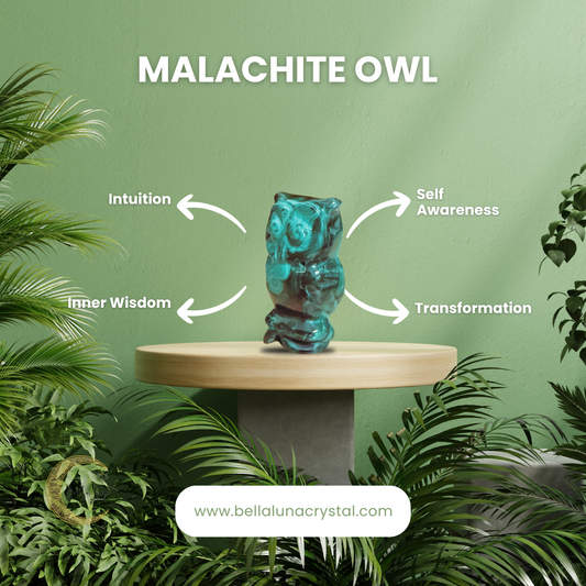 A carved malachite owl sculpture placed on a round wooden stand, with green foliage in the background and the text 'MALACHITE OWL' along with concepts like INTUITION, SELF-AWARENESS, INNER WISDOM, and TRANSFORMATION.