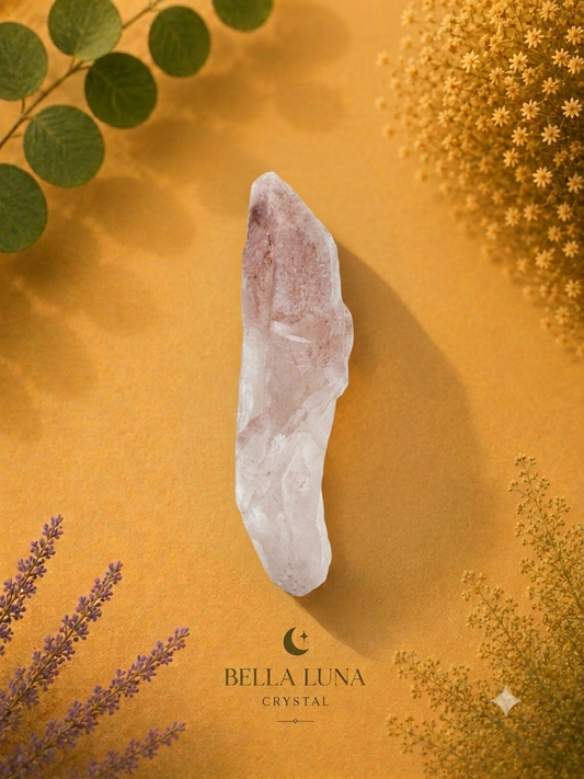 A raw pale pink crystal cluster is displayed on a textured mustard-yellow background, surrounded by decorative botanical elements including green leaves, dried yellow flowers, and purple lavender sprigs. The brand logo 'BELLA LUNA CRYSTAL' is visible at the bottom.