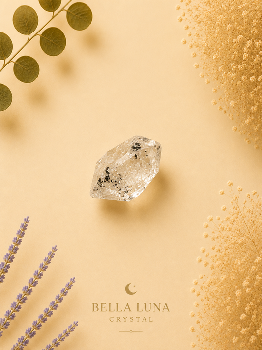 A clear faceted crystal with dark inclusions sits on a warm beige background, styled with dried botanicals and a green leafy stem. The text 'BELLA LUNA CRYSTAL' appears near the bottom with a crescent moon logo.