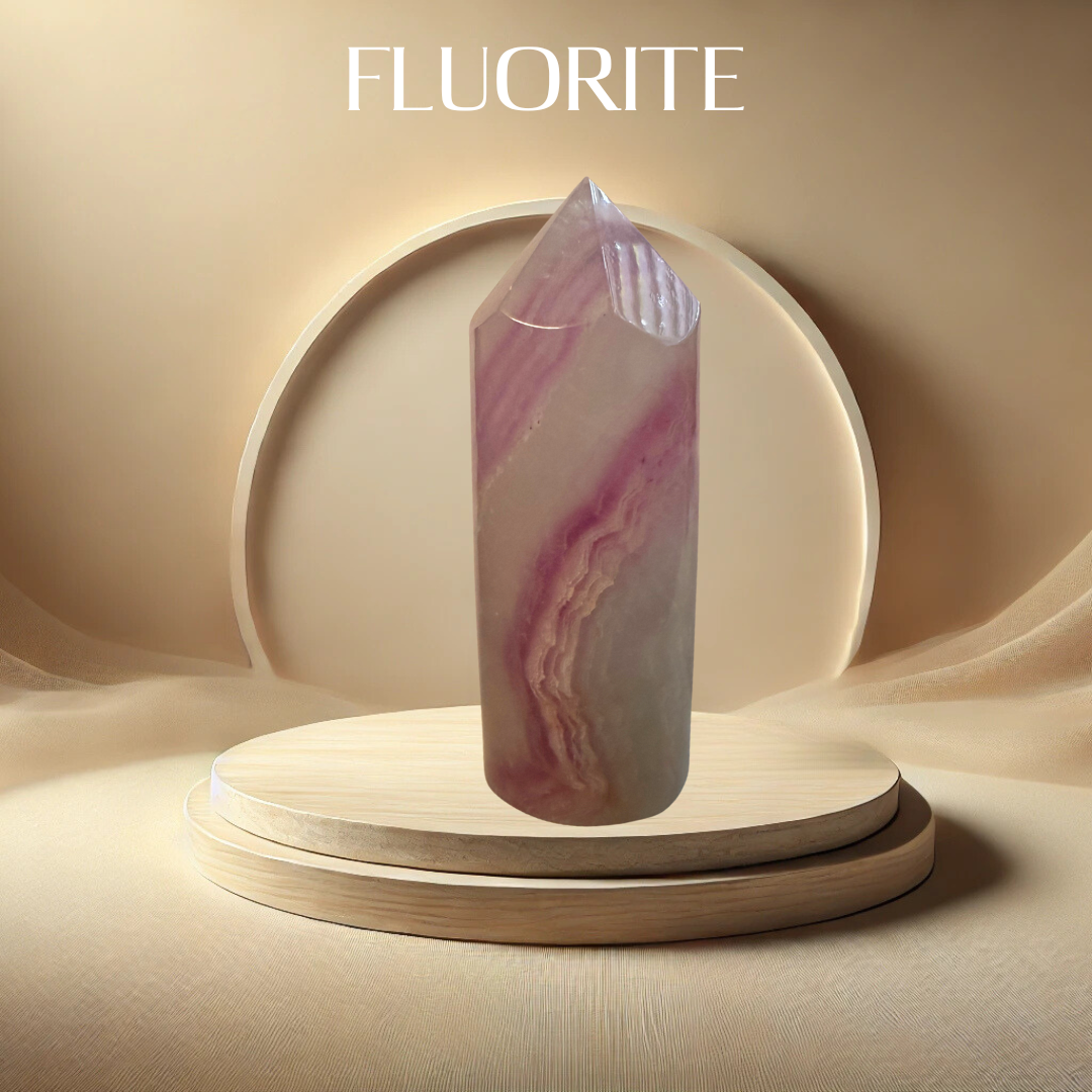 Fluorite crystal on a wooden stand with a beige background