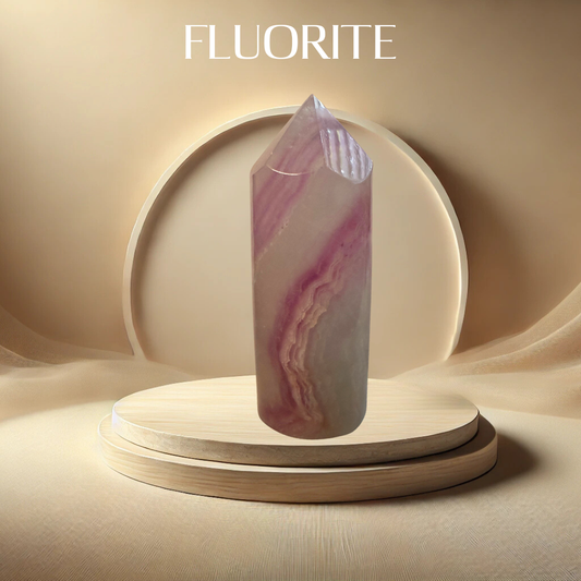 Fluorite crystal on a wooden stand with a beige background