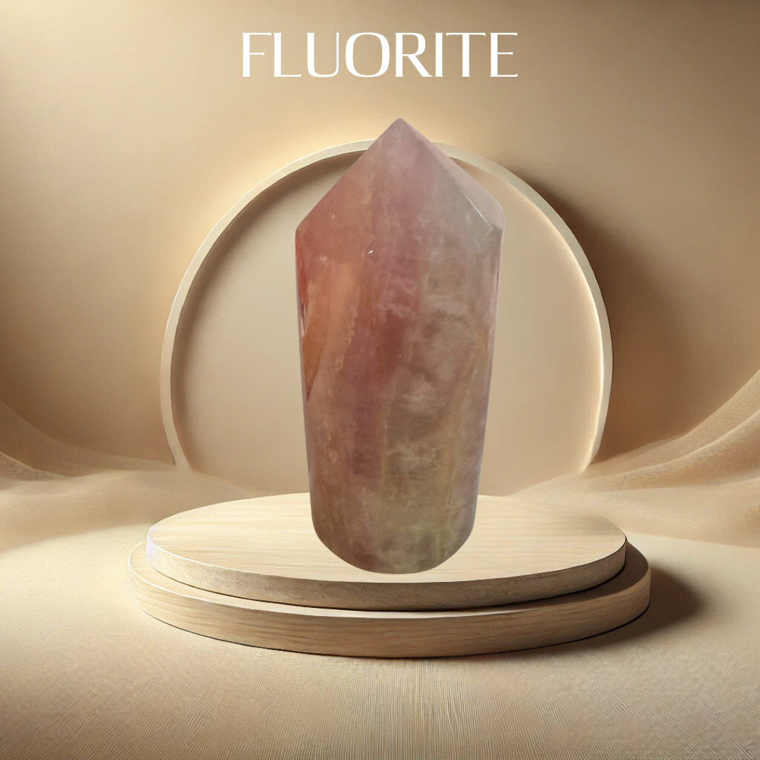 Fluorite crystal on a wooden stand with a beige background