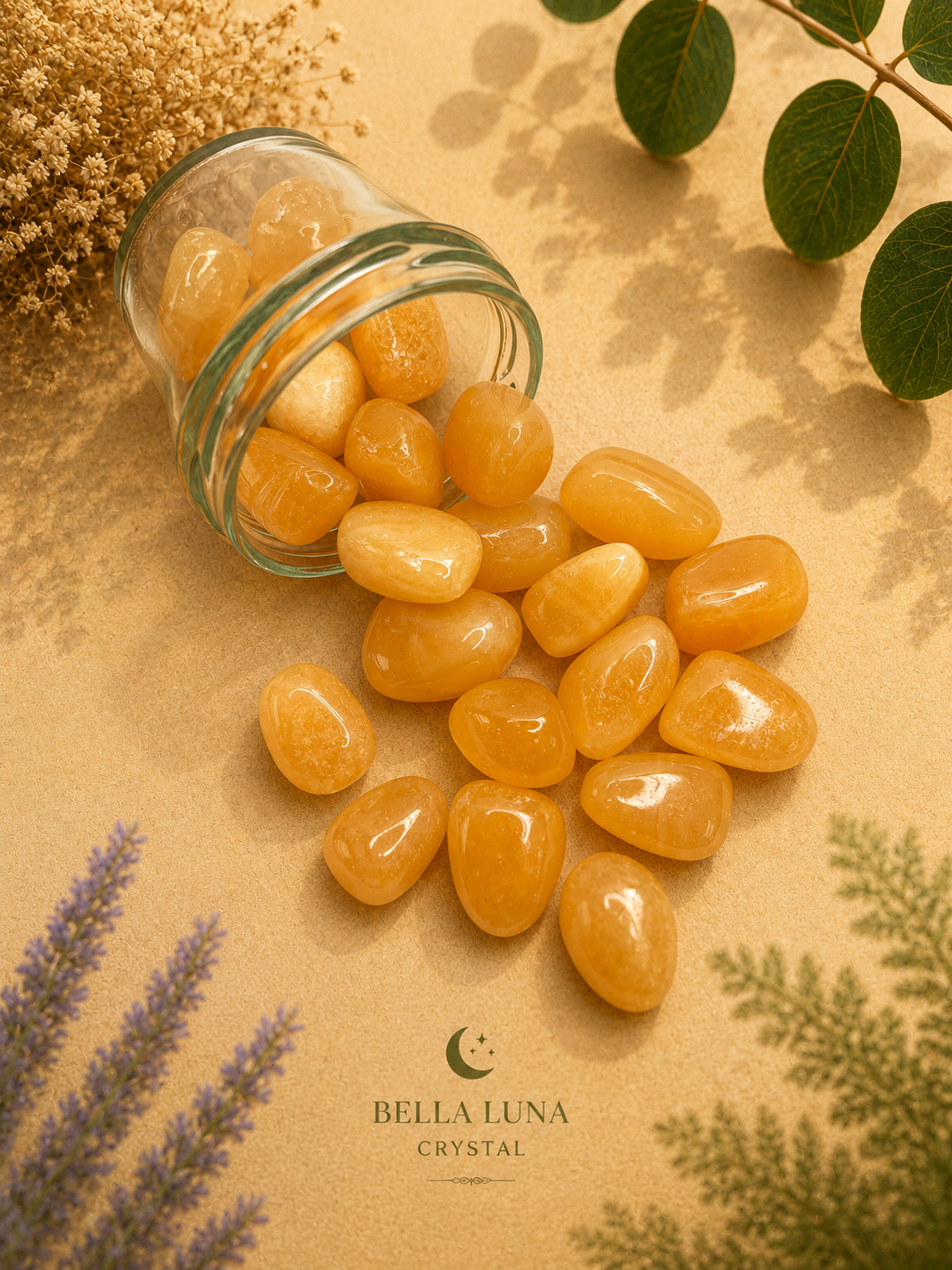 Tumbled yellow-orange crystals spilled from a clear glass jar on a textured beige surface, surrounded by dried flowers, green leaves, and lavender sprigs. The Bella Luna Crystal brand logo is printed at the bottom.