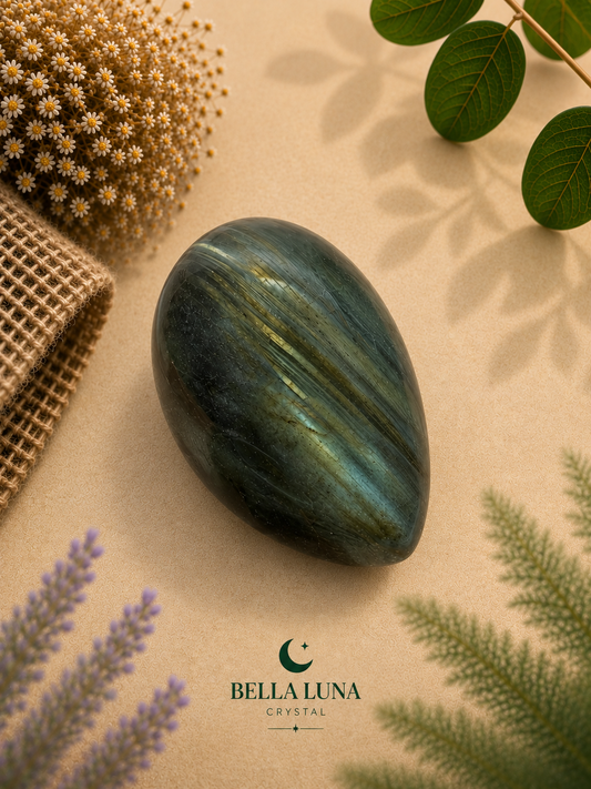 A polished oval crystal stone with a dark green and teal iridescent finish sits on a beige textured surface. The stone is styled with dried botanicals, green leaves, and burlap, with the Bella Luna Crystal logo printed at the bottom.
