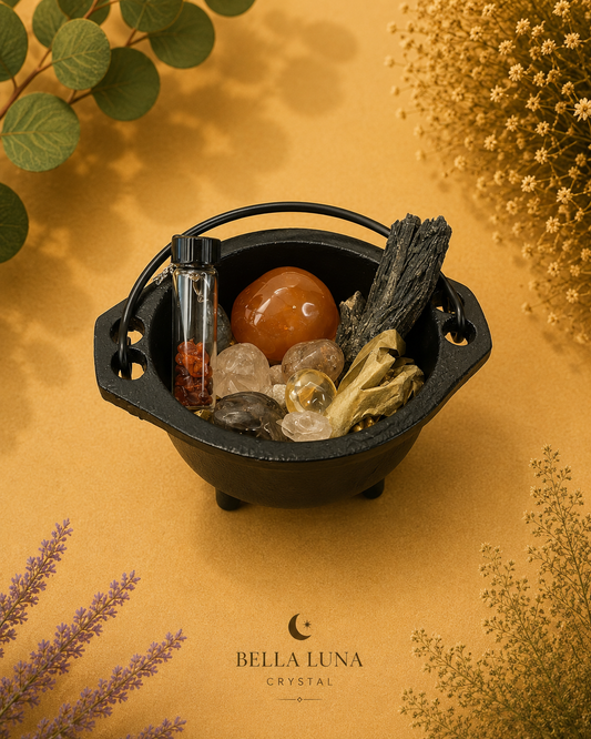 A black metal trinket pot filled with assorted crystals, stones, dried herbs, and a small glass vial, styled on a warm tan surface with decorative dried flowers and greenery. The brand name BELLA LUNA CRYSTAL appears at the bottom.