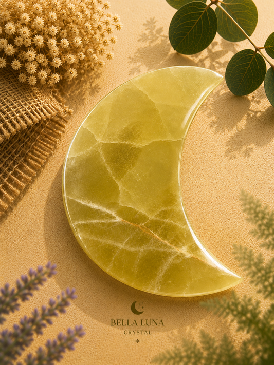 A polished crescent moon crystal ornament in a pale yellow-green hue, styled on a textured beige surface with dried flowers, green leaves, and lavender sprigs. The brand name 'BELLA LUNA CRYSTAL' is printed at the bottom.