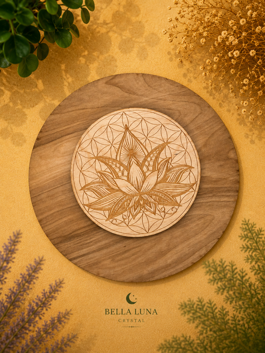 A round wooden coaster with an engraved geometric lotus design, displayed on a larger round wooden board. The setup is styled with dried flowers and green leaves on a textured gold background, with the brand name 'BELLA LUNA CRYSTAL' printed at the bottom.