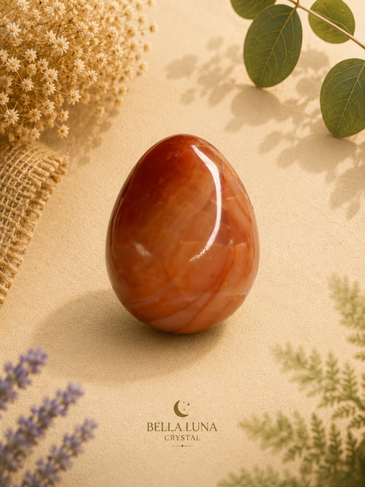 A polished reddish-brown crystal egg with natural marbled patterns, displayed on a textured beige surface with dried flowers, green leaves, and burlap. The brand name 'BELLA LUNA CRYSTAL' is printed at the bottom.