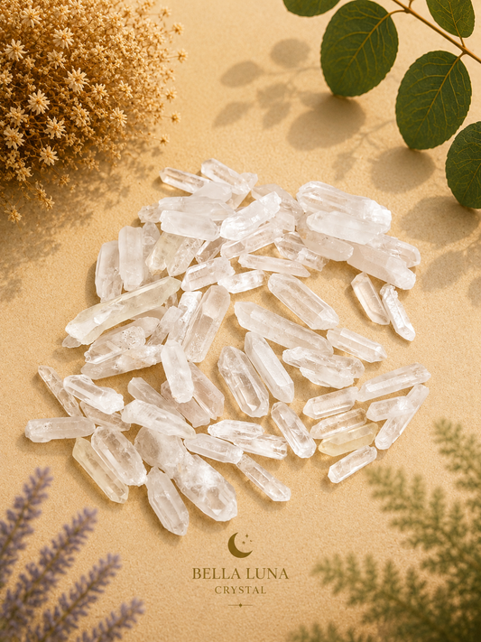 A pile of clear, faceted crystal points arranged on a warm beige textured surface with dried botanical elements and green leaves around the edges. The brand name 'BELLA LUNA CRYSTAL' is printed at the bottom.