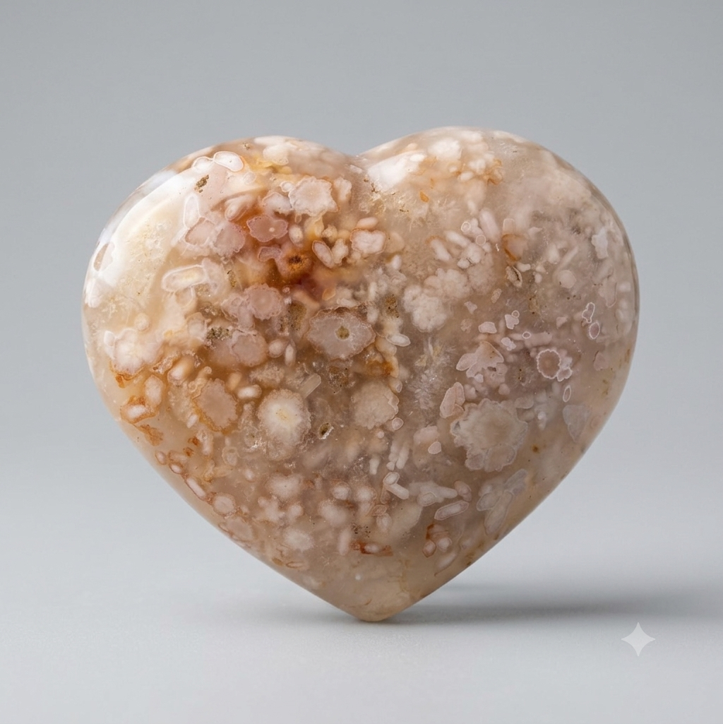 A heart-shaped polished stone sculpture with a mottled pattern of beige, cream, and light brown, photographed against a neutral gray background.