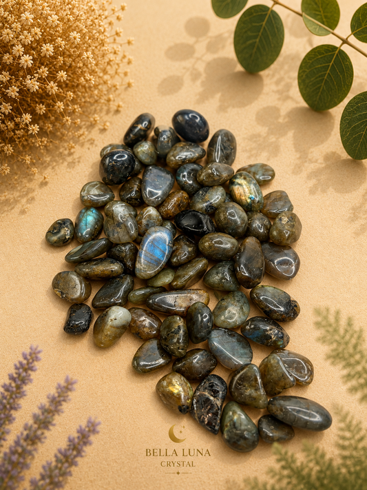 A pile of polished tumbled stones in earthy green, gray, and blue tones, arranged on a beige textured surface with dried flowers, green leaves, and lavender sprigs. The brand name 'BELLA LUNA CRYSTAL' is printed at the bottom.