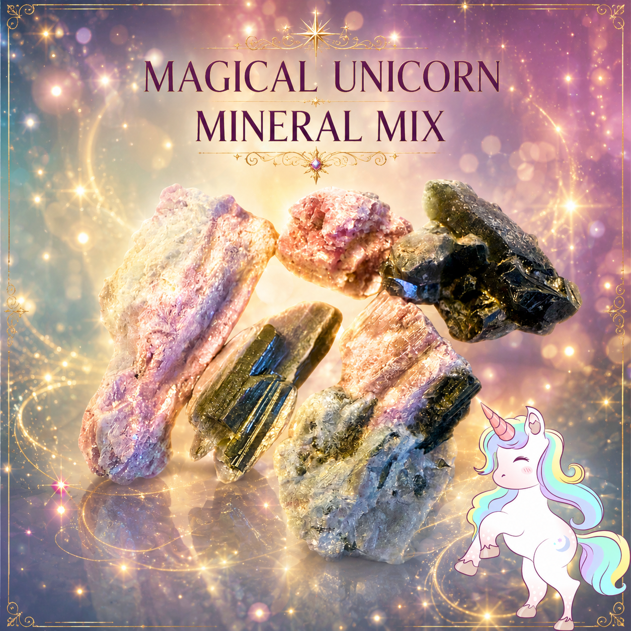 Five raw mineral crystals of various colors and textures are displayed against a magical, sparkling purple and gold background with the text 'MAGICAL UNICORN MINERAL MIX' and a cartoon unicorn illustration in the bottom right corner.