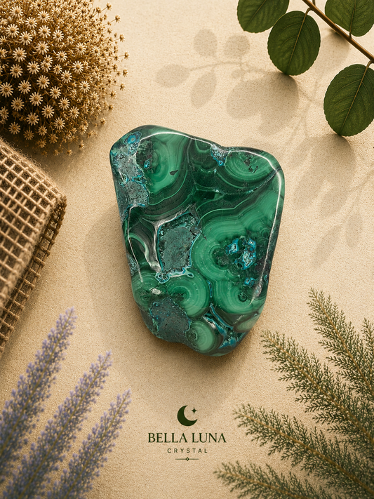 A polished green crystal with swirling marbled patterns, displayed on a beige textured surface with botanical props and the Bella Luna Crystal logo at the bottom.