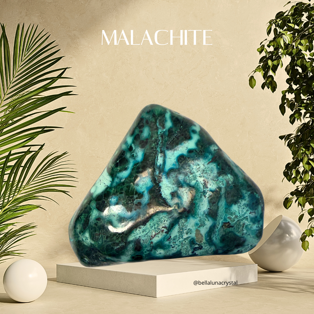 Malachite stone on a stand with green plants on a beige background
