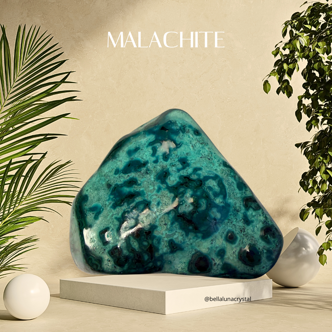 Large malachite stone on a white pedestal with plants on a beige background