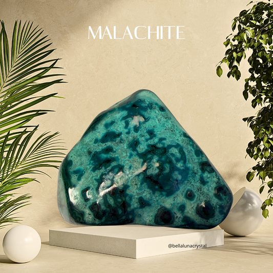 Large malachite stone on a white pedestal with plants on a beige background