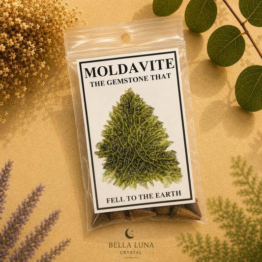 A clear plastic bag containing brown gemstone-like pieces, with a printed front label reading 'MOLDAVITE THE GEMSTONE THAT FELL TO THE EARTH' and a green leaf illustration. The bag is photographed on a warm beige surface with dried flowers, green leaves, and soft botanical props around it.