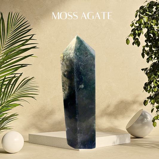 Moss Agate crystal on a beige platform with plants on either side