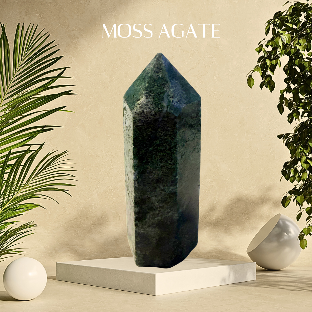 Moss Agate crystal on a white pedestal with plants on a beige background