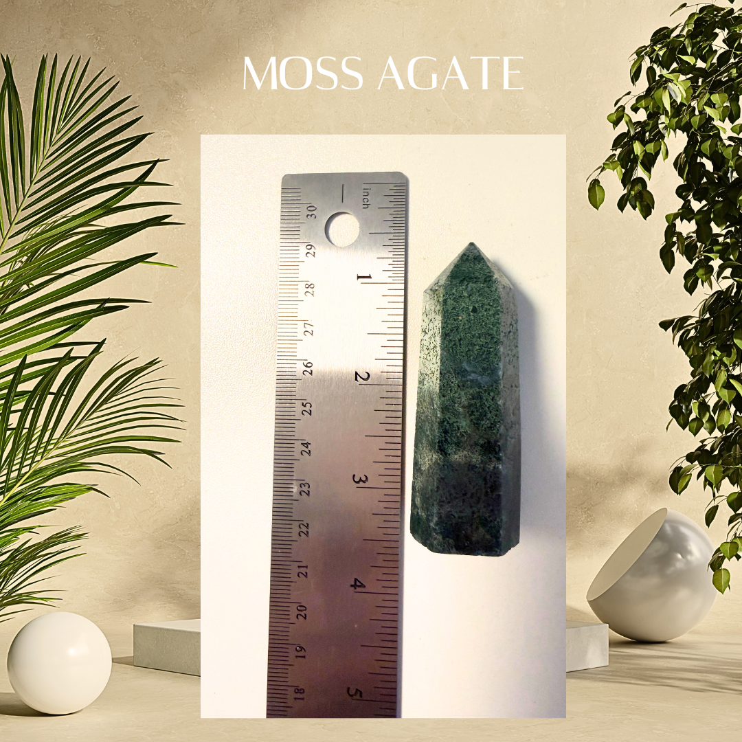Moss agate crystal next to a ruler with plants in the background