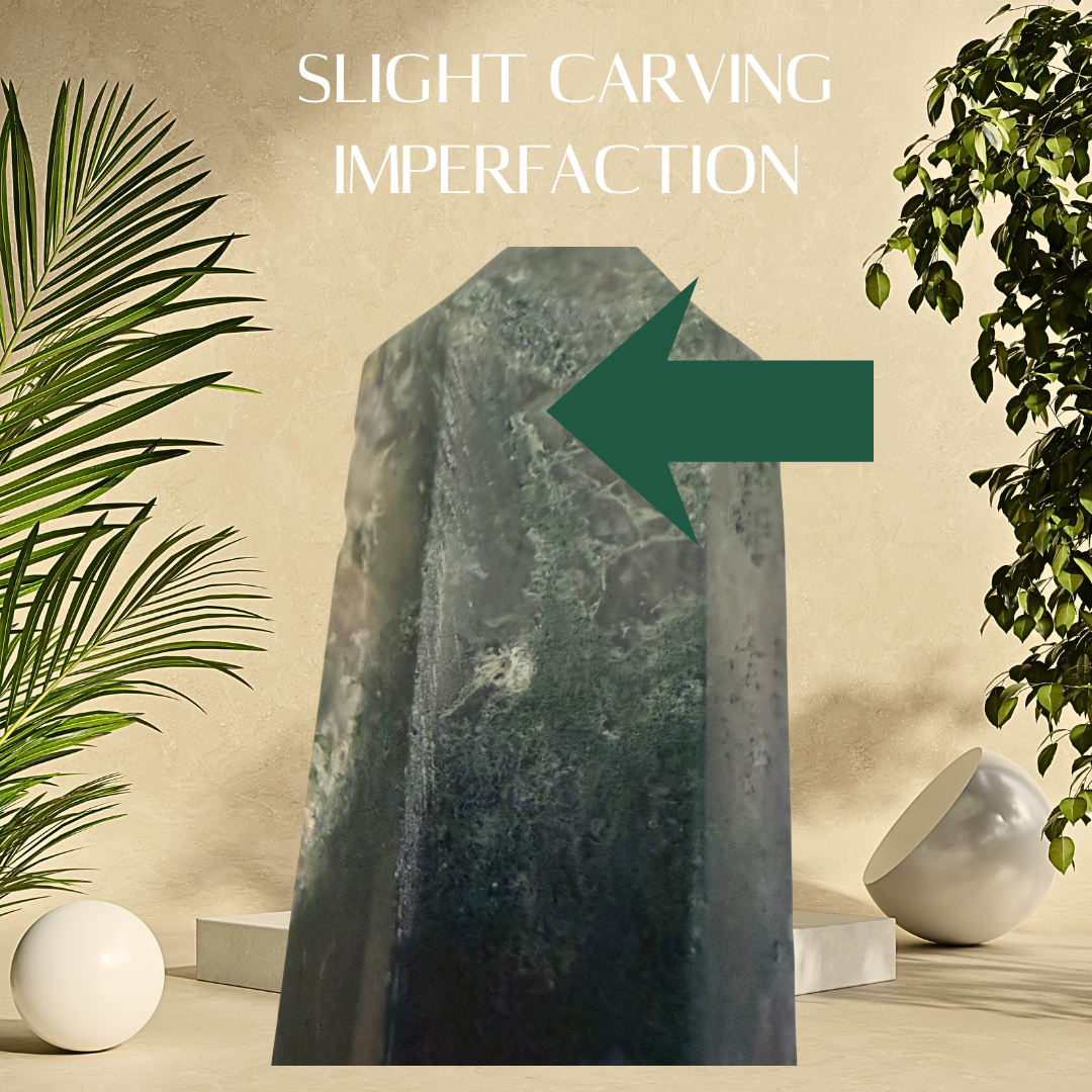 Decorative stone sculpture with a slight carving imperfection indicated by text and an arrow.