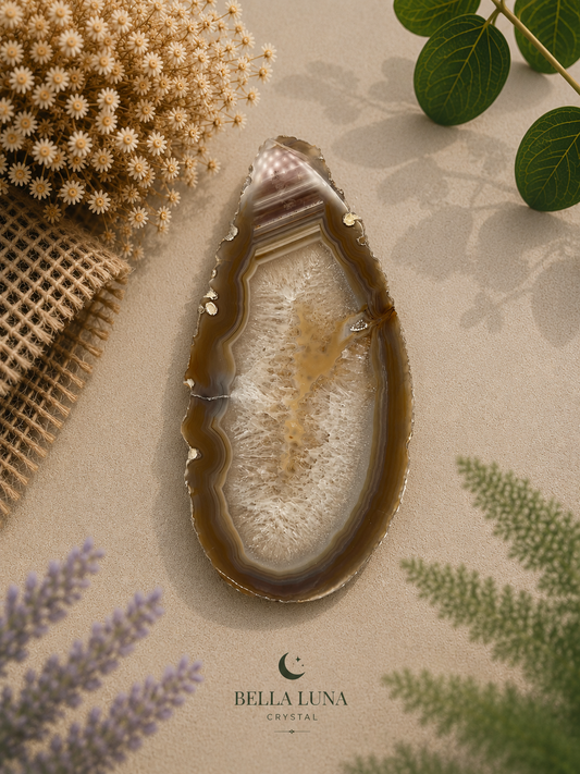 A polished agate crystal slice with concentric bands of brown, beige, and white crystalline patterns, displayed on a textured beige background with dried flowers, burlap, and green leaves. The brand logo 'BELLA LUNA CRYSTAL' is visible at the bottom.